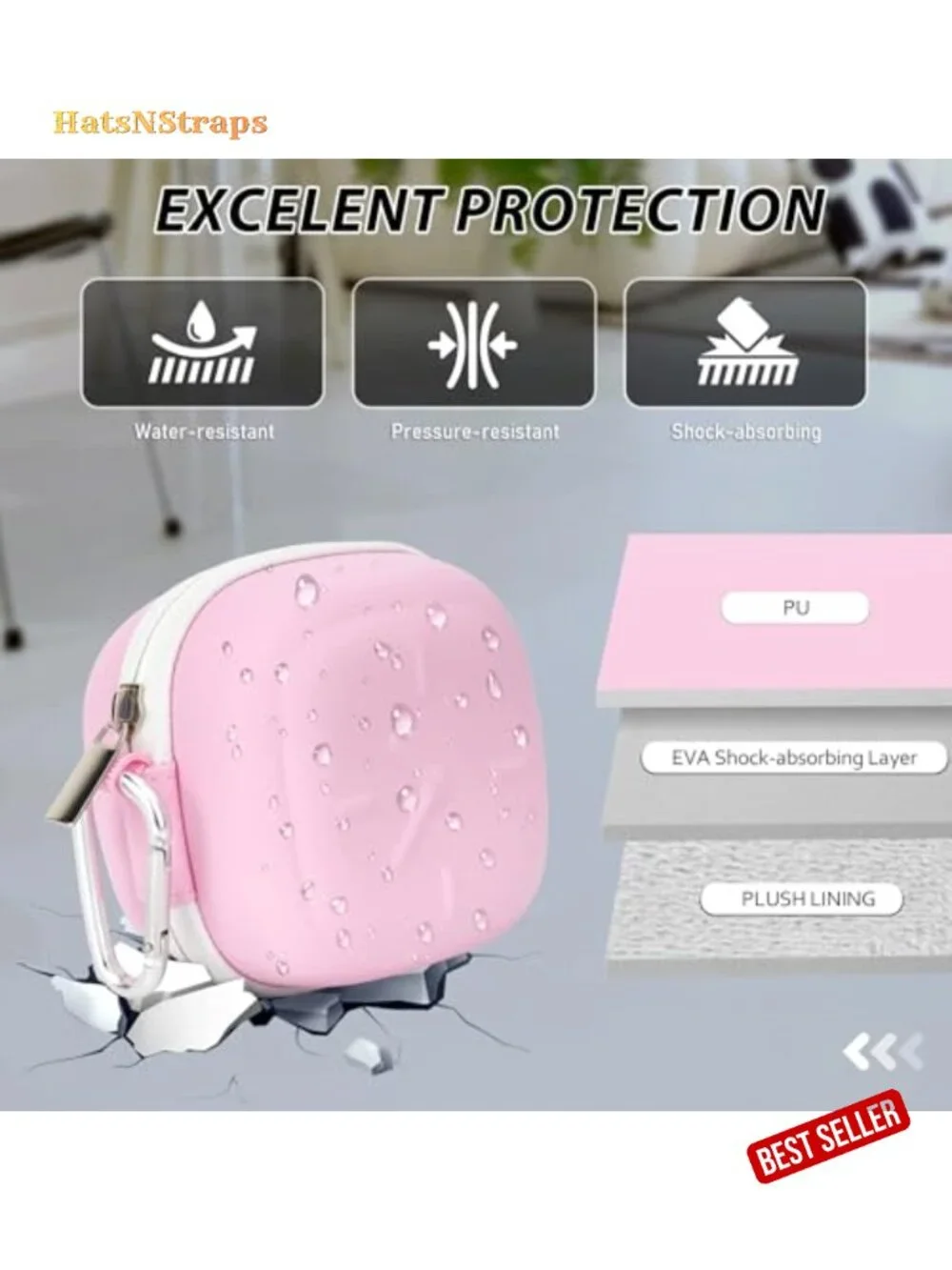 Hard Travel Watch Case with Carabiner, EVA & PU Shell, Plush Lined, Mesh Pocket